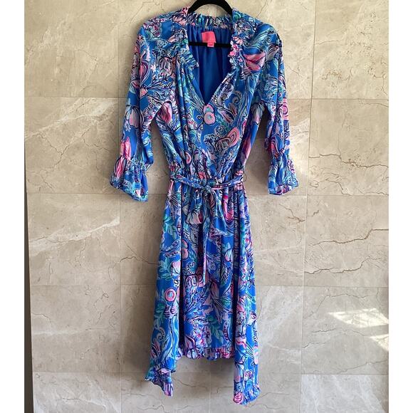 Lilly Pulitzer Dress, Small, Alyanna Belted Midi Blue Flattering Blousey Sleeved - Picture 3 of 10